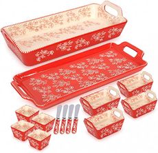 تيمب-تيشن مجموعة أدوات خبز سيراميك مزهر، 14 قطعة - أحمر