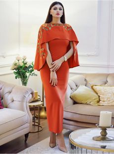 فستان نسائي مطرز بنقشة الزهور برتقالي - قياس 8