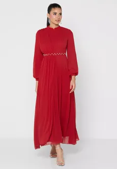 فستان نسائي سادة باللون الاحمر مزين بطيات من خزانة - قياس لارج