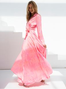 فستان كوتن كاندي مطبع بنمط لف باللون الوردي للنساء - طول 58